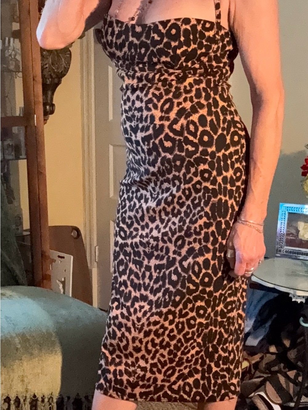 Leopard Print Strapless Midi Dress in Brown